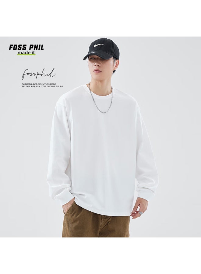 Foss Phil Trendy T-shirt For Men, Spring And Autumn Solid Color Versatile Pure Cotton Long-sleeve Sweatshirt, Casual Top, Base Layer, Fpct6, White, 2XL - Image 2