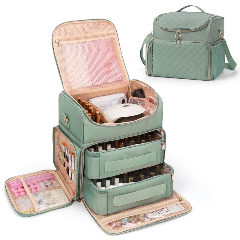 CUBETASTIC Extra Large Nail Polish Organizer Case Holds 86 to 100+ Bottles Nail Polish & Nail Lamp, Nail Supplies Storage Carrying Bag with 2 Removable Pouches, Portable Nail Tech Travel Box (Green, 86 Slots) - Image 1