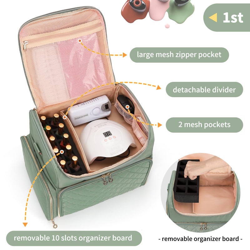 CUBETASTIC Extra Large Nail Polish Organizer Case Holds 86 to 100+ Bottles Nail Polish & Nail Lamp, Nail Supplies Storage Carrying Bag with 2 Removable Pouches, Portable Nail Tech Travel Box (Green, 86 Slots) - Image 3