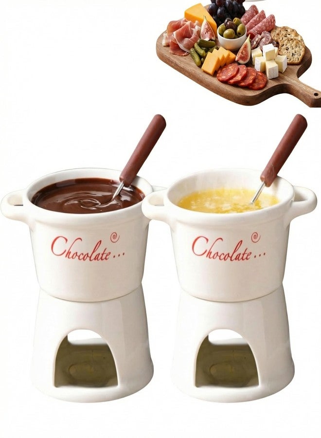 GOVNPJ 300ML Fondue Cup Set - 2 pcs Ceramic Chocolate Fondue Mugs with Charcuterie Board - Mini Fondue Set, Melt Hot Pot Bowl Set for Cheese Chocolate Butter Caramel(Candles Not Included) - Image 1