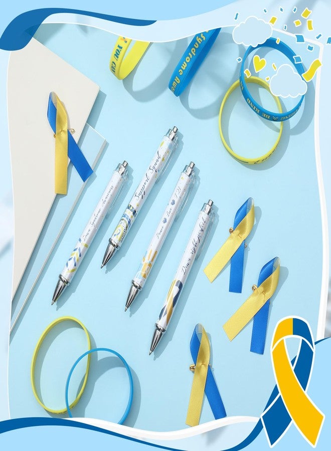 ReliThick 72 Pcs Down Syndrome Awareness Accessories Kit - Blue & Yellow Silicone Bracelets, Ribbon Pins & Retractable Pens for World Down Syndrome Day, Fundraising Events & Awareness Activities - Image 3