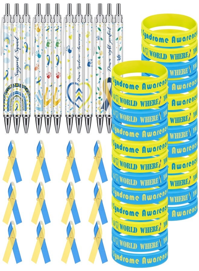 ReliThick 72 Pcs Down Syndrome Awareness Accessories Kit - Blue & Yellow Silicone Bracelets, Ribbon Pins & Retractable Pens for World Down Syndrome Day, Fundraising Events & Awareness Activities - Image 1
