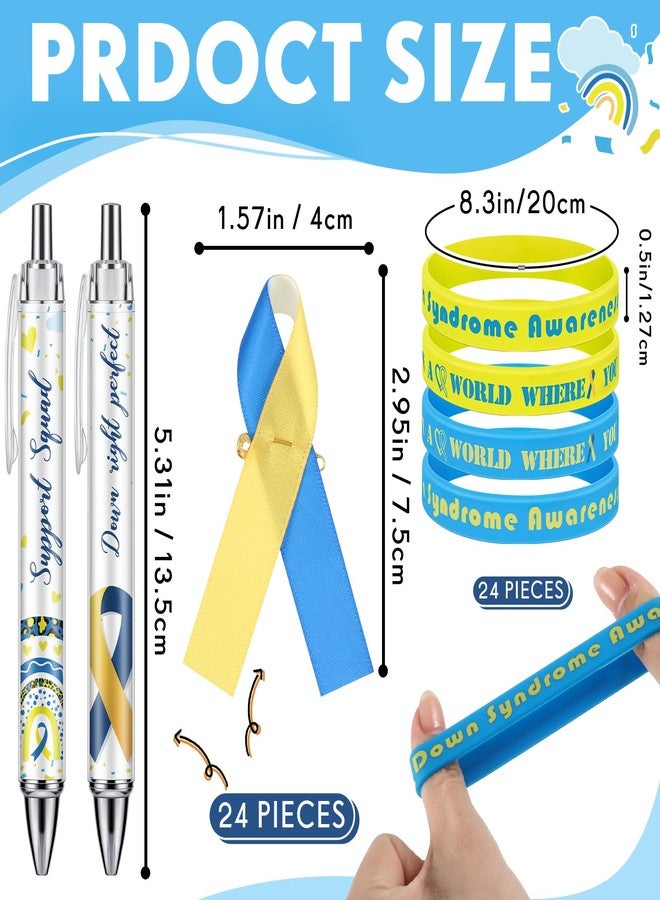 ReliThick 72 Pcs Down Syndrome Awareness Accessories Kit - Blue & Yellow Silicone Bracelets, Ribbon Pins & Retractable Pens for World Down Syndrome Day, Fundraising Events & Awareness Activities - Image 2