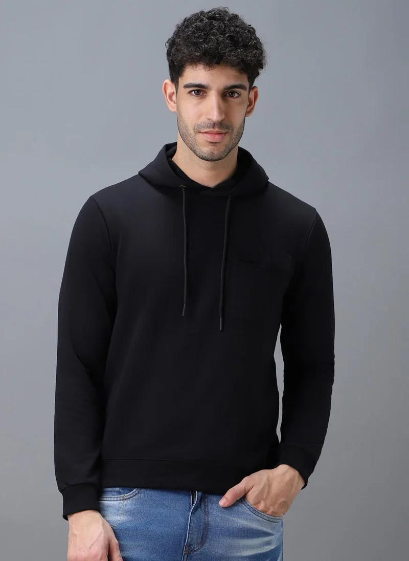 Urbano Fashion Men's Black Cotton Solid Hooded Neck Sweatshirt