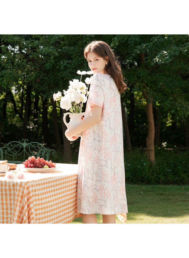 Fenton Pure Cotton For Outdoor Wear】summer Lace V-neck Floral Ladies' Loose Home Dress - Image 3