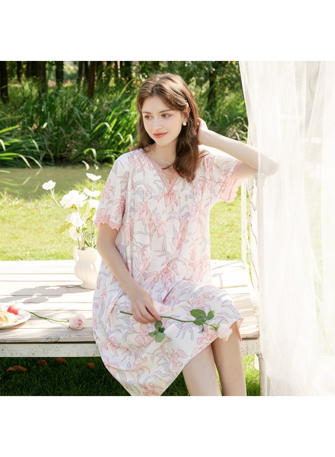 Fenton Pure Cotton For Outdoor Wear】summer Lace V-neck Floral Ladies' Loose Home Dress - Image 2
