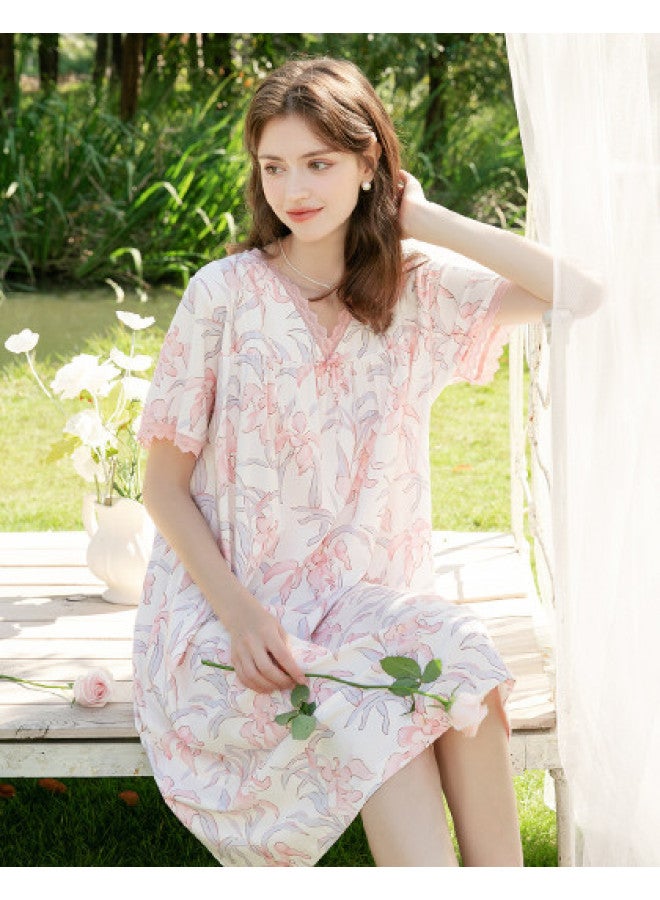 Fenton Pure Cotton For Outdoor Wear】summer Lace V-neck Floral Ladies' Loose Home Dress - Image 1