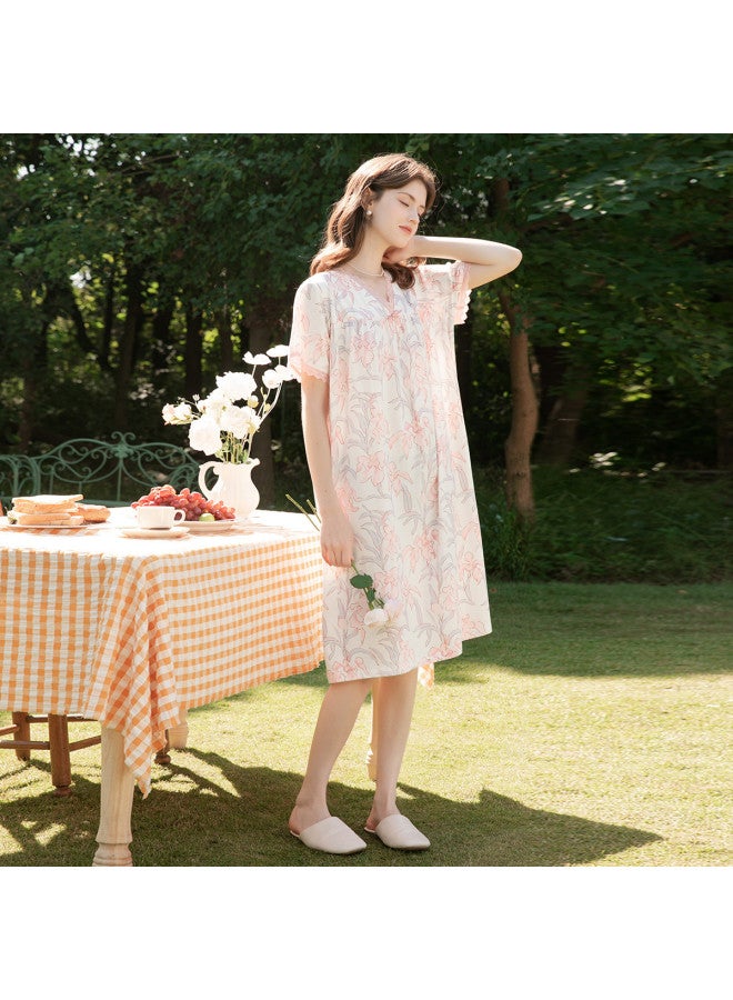 Fenton Pure Cotton For Outdoor Wear】summer Lace V-neck Floral Ladies' Loose Home Dress - Image 5
