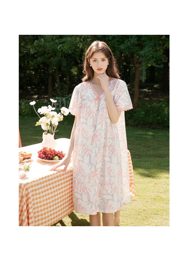 Fenton Pure Cotton For Outdoor Wear】summer Lace V-neck Floral Ladies' Loose Home Dress - Image 4