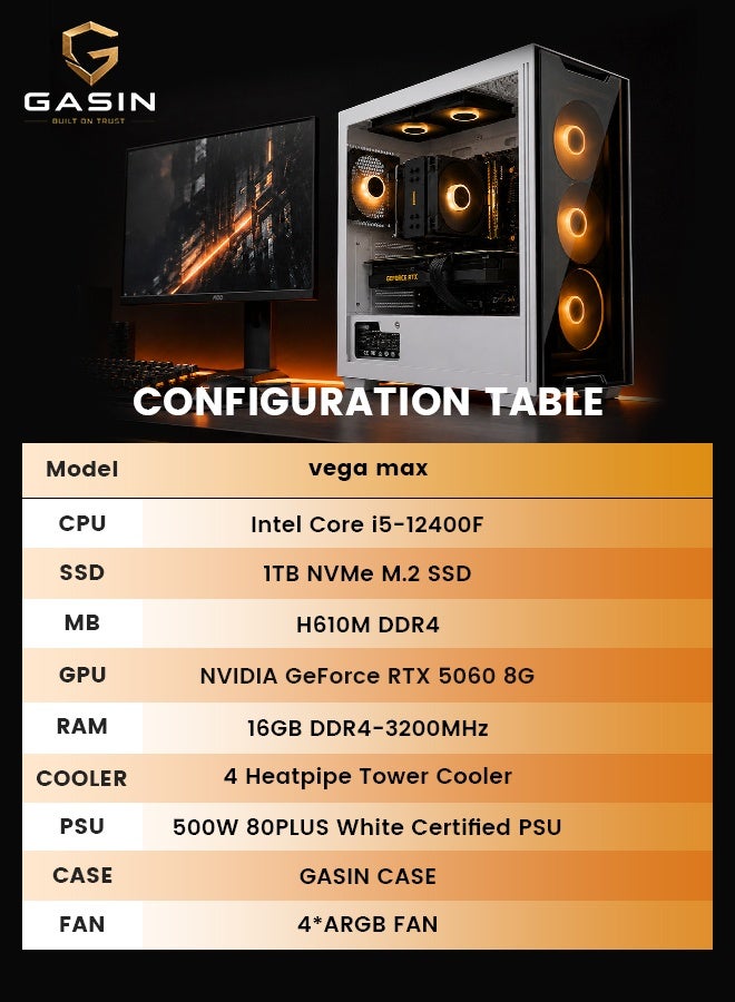 GASIN Vega Pro Max Gaming PC, Intel Core i5-12400F, NVIDIA GeForce RTX 5060 8GB, 32GB DDR4-3200 RAM, 1TB NVMe M.2 SSD, Wi-Fi & Bluetooth, 4 ARGB Fans, Windows 11 Pro, White white - Image 3