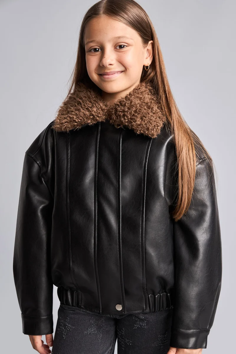 Defacto Girl High Neck Faux Leather Jacket
