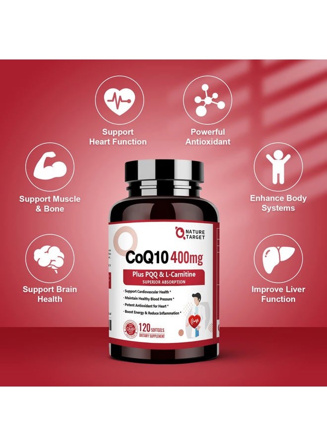 NATURE TARGET CoQ10-400mg with PQQ, Omega-3s & L-Carnitine, High Absorption Coenzyme-Q10 with BioPerine, Supports Heart, Brain, Immune System, Energy Production, 120 Servings - Image 3