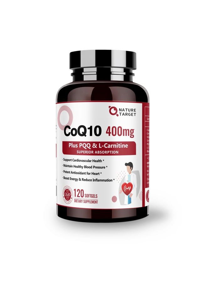NATURE TARGET CoQ10-400mg with PQQ, Omega-3s & L-Carnitine, High Absorption Coenzyme-Q10 with BioPerine, Supports Heart, Brain, Immune System, Energy Production, 120 Servings - Image 1