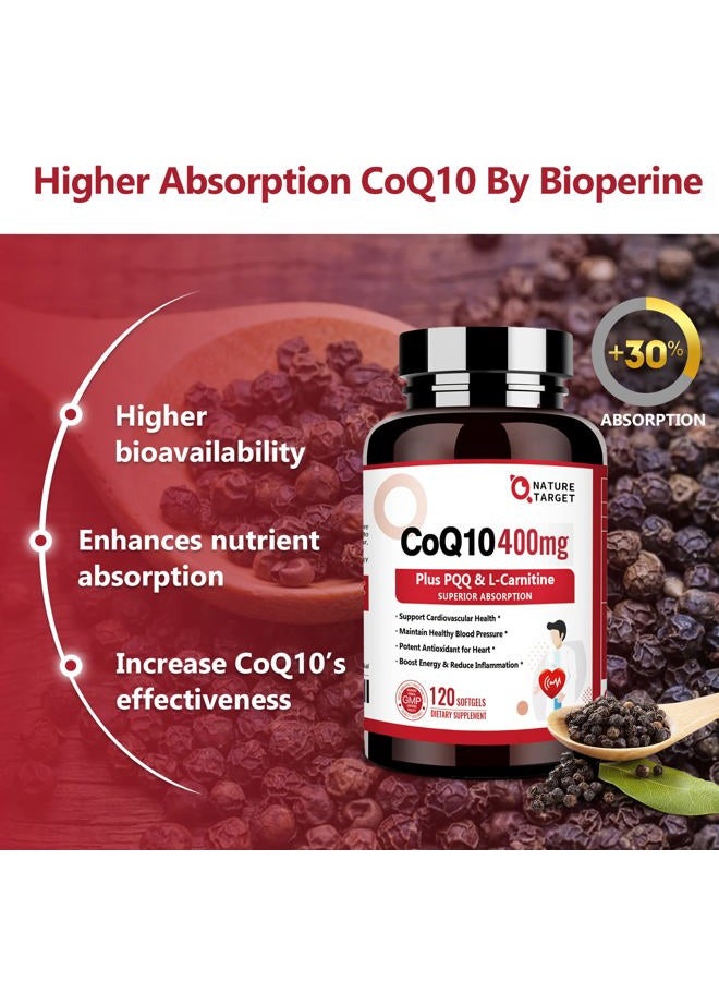 NATURE TARGET CoQ10-400mg with PQQ, Omega-3s & L-Carnitine, High Absorption Coenzyme-Q10 with BioPerine, Supports Heart, Brain, Immune System, Energy Production, 120 Servings - Image 5