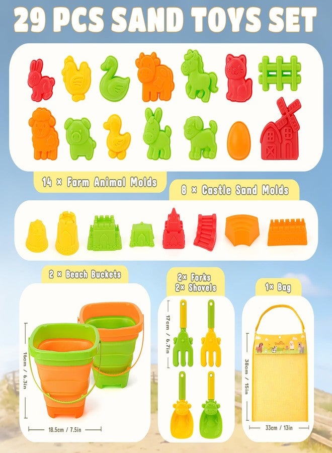 Dreamon Beach Toys for Kids - 29PCS Farm Sand Toys with 2 Collapsible Buckets, Animal Molds, Shovels & Rakes and Mesh Bag - Farm Travel Toys Sandcastle Building Kit for Toddlers 3-5 - Image 3
