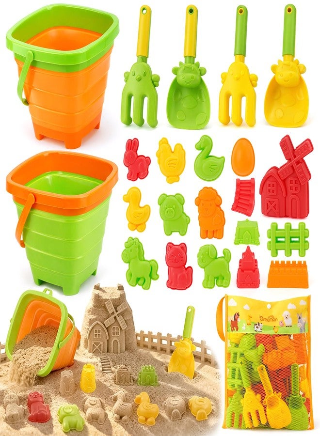 Dreamon Beach Toys for Kids - 29PCS Farm Sand Toys with 2 Collapsible Buckets, Animal Molds, Shovels & Rakes and Mesh Bag - Farm Travel Toys Sandcastle Building Kit for Toddlers 3-5 - Image 1