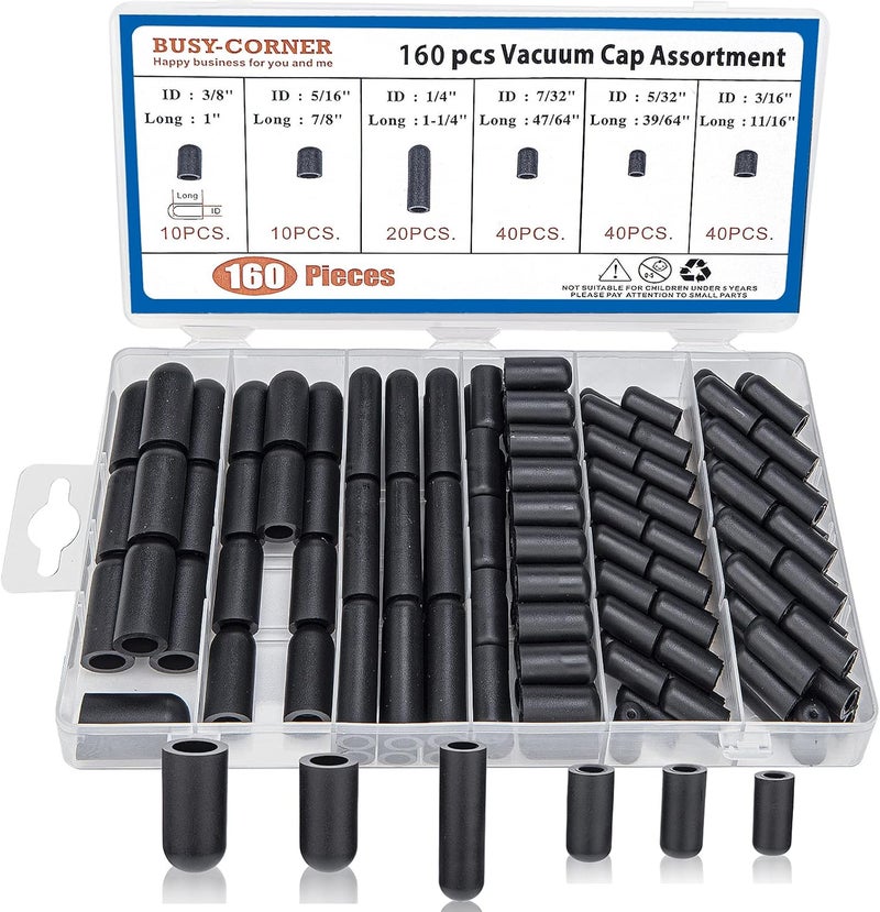 BUSY-CORNER 160 Pieces Vacuum Cap Assortment - Rubber Hose Caps Kit for Carburetor and Manifold (Black) - Image 1