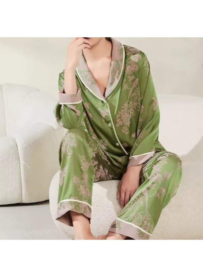 Comfy pajama Set- (Large Size) Floral Ice Silk Pajamas Women's Spring and Fall Long-sleeved Suit Casual Home Wear Can Be Worn Outside Pajamas - Image 2