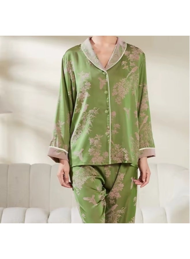 Comfy pajama Set- (Large Size) Floral Ice Silk Pajamas Women's Spring and Fall Long-sleeved Suit Casual Home Wear Can Be Worn Outside Pajamas - Image 3