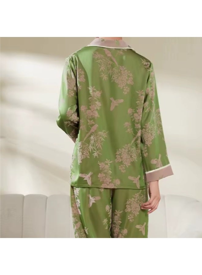 Comfy pajama Set- (Large Size) Floral Ice Silk Pajamas Women's Spring and Fall Long-sleeved Suit Casual Home Wear Can Be Worn Outside Pajamas - Image 4