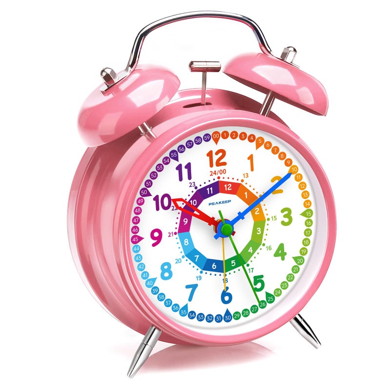 Peakeep Loud Analog Alarm Clock for Kids Learning Telling Time Teaching 4 Twin Bell Alarm Clock Battery Operated for Heavy Sleepers Adults Teenagers Kids