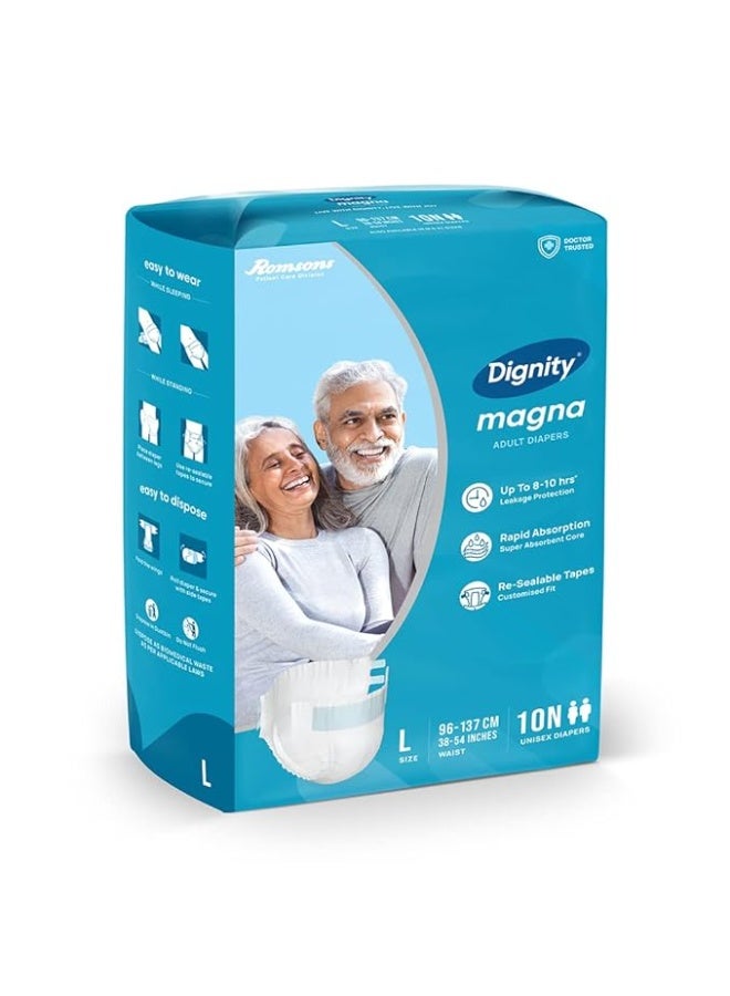 ديجنيتي حفاضات ديجنيتي ماجنا تاب ستايل للكبار - مقاس كبير (10 قطع) مع مؤشر للبلل وحماية من التسرب لمدة تصل إلى 8-10 ساعات. - Image 2