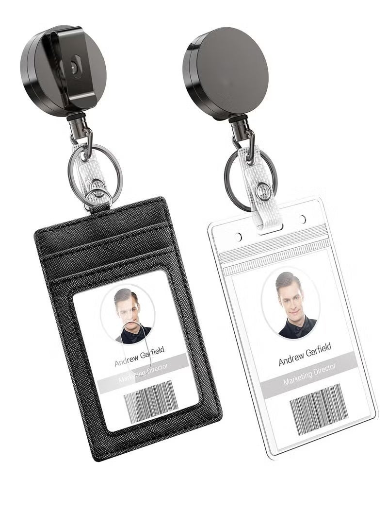 2pcs Heavy Duty Vertical ID Card Holder Metal Retractable Badge Holder Reel with Belt Clip Key Ring, Waterproof Clear and PU Leather Badge Holder - Image 2