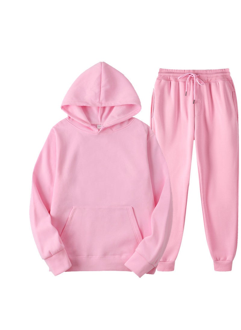 Generic - Spring New Glboard Solid Color Hooded Sweatshirt Casual Pants Fleece-Lined Pulloversuit Mens Sets Pink - Image 1