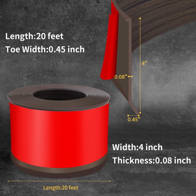 Heonay Flexible Baseboard Molding Trim 4 Inch Self-Adhesive Vinyl Wall Base Peel and Stick Cove Base Rubber Wall Baseboard Moulding Trim (20Ft, Brown Oak) - Image 2