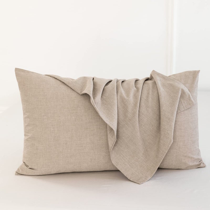 MooMee Bedding Pillowcases Pack of 2 100% Washed Cotton Linen Like Textured Breathable Durable Soft Comfy (Taupe  Queen) - Image 2