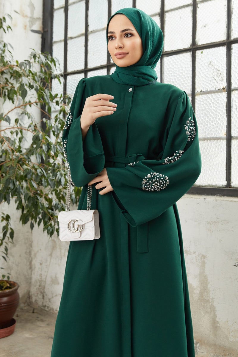 Vavinor Liva Abaya with Stoned Sleeves - Emerald  - Image 2