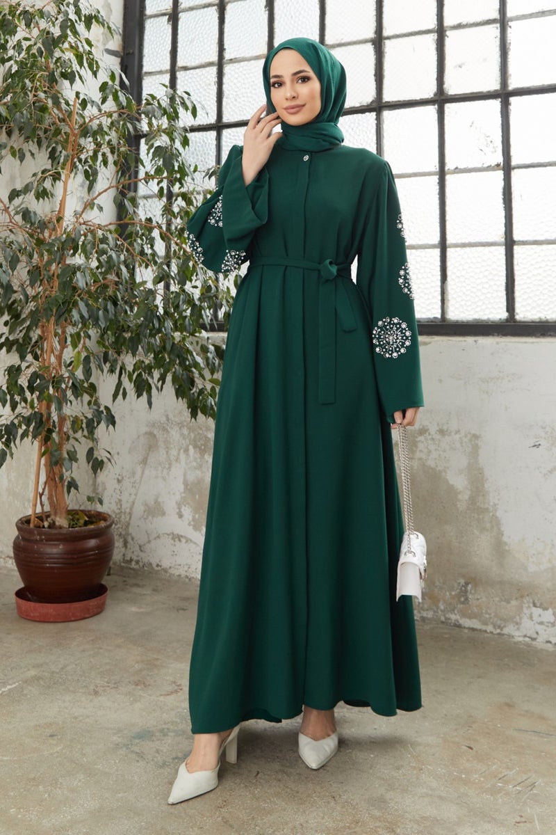 Vavinor Liva Abaya with Stoned Sleeves - Emerald  - Image 1