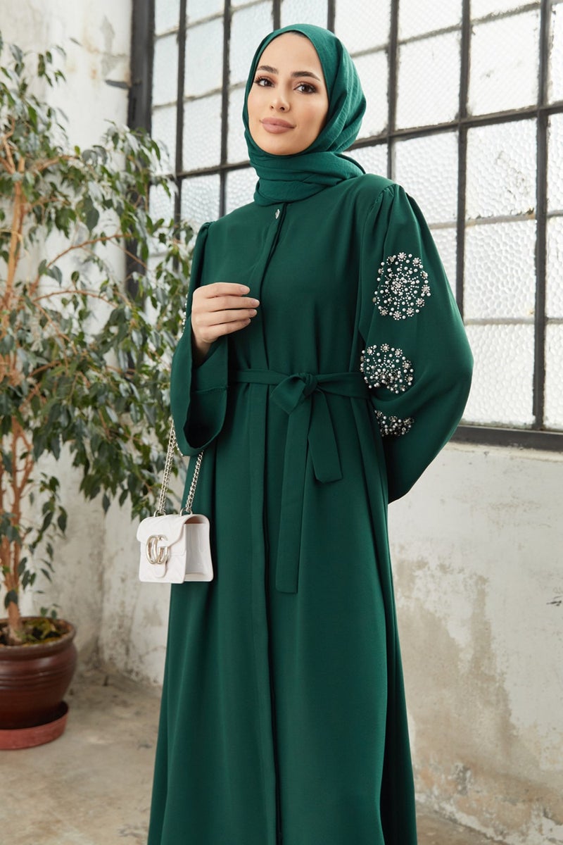 Vavinor Liva Abaya with Stoned Sleeves - Emerald  - Image 3