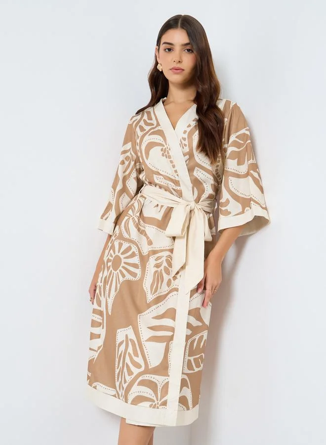 Styli All-Over Print Wrap Midi Dress with Waist Tie