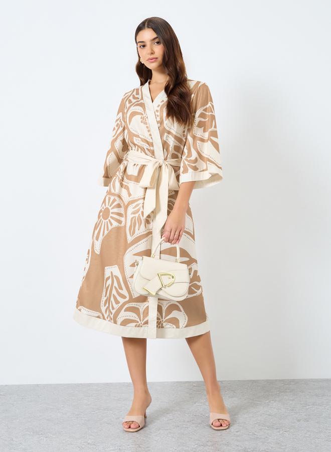 Styli All-Over Print Wrap Midi Dress with Waist Tie - Image 2