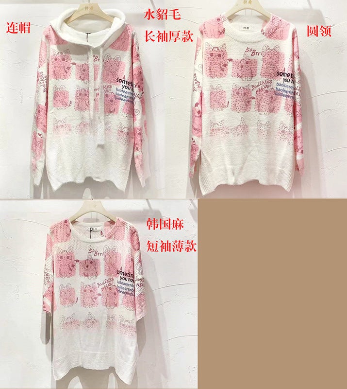 Spring and Autumn plus size Loose Sweater Womens Mid-length Hot Rhinestone Sweater Womens Hooded Student Top chubby girl Printed Top Crewneck  - Image 3