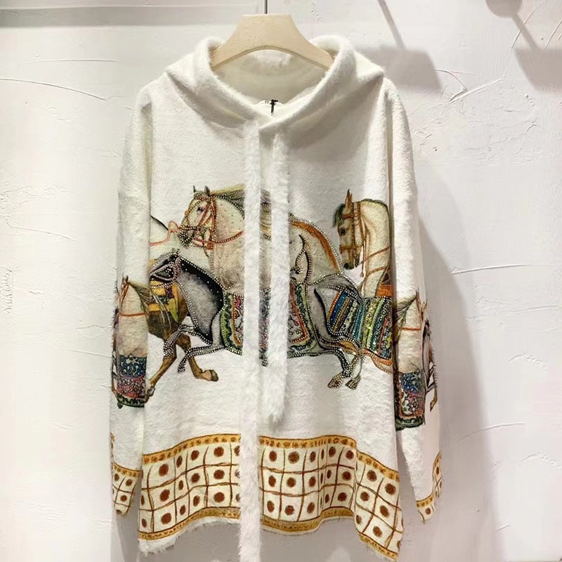 Spring and Autumn plus size Loose Sweater Womens Mid-length Hot Rhinestone Sweater Womens Hooded Student Top chubby girl Printed Top Crewneck  - Image 2