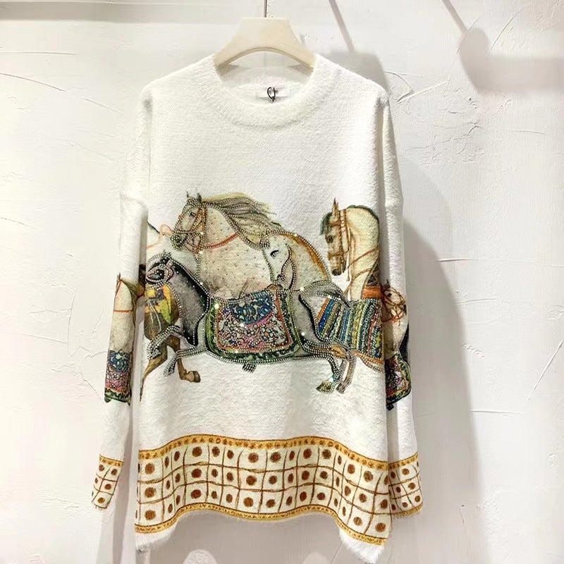 Spring and Autumn plus size Loose Sweater Womens Mid-length Hot Rhinestone Sweater Womens Hooded Student Top chubby girl Printed Top Crewneck  - Image 1