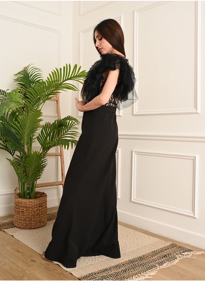 FULL JOY An elegant long dress decorated with a drawing on the chest and short tulle sleeves, black  - Image 4