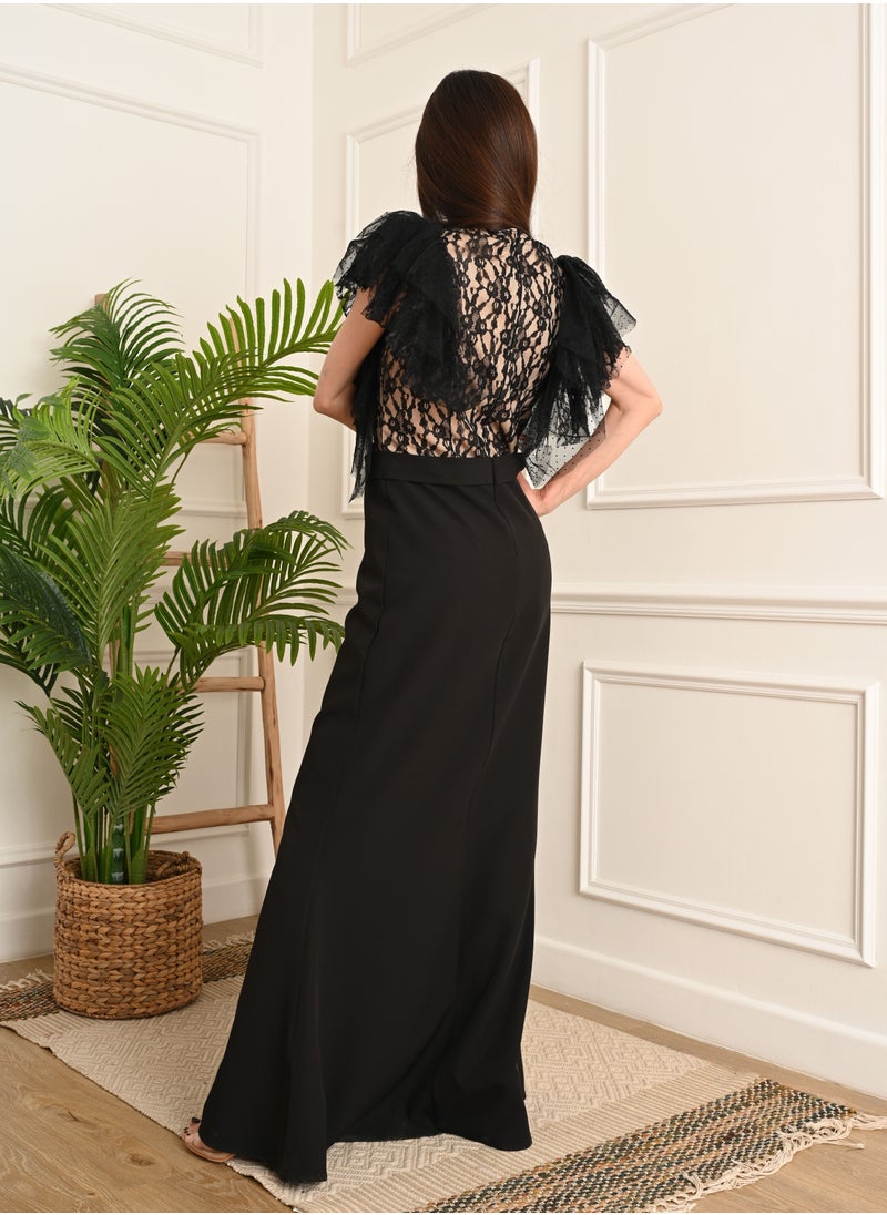 FULL JOY An elegant long dress decorated with a drawing on the chest and short tulle sleeves, black  - Image 5