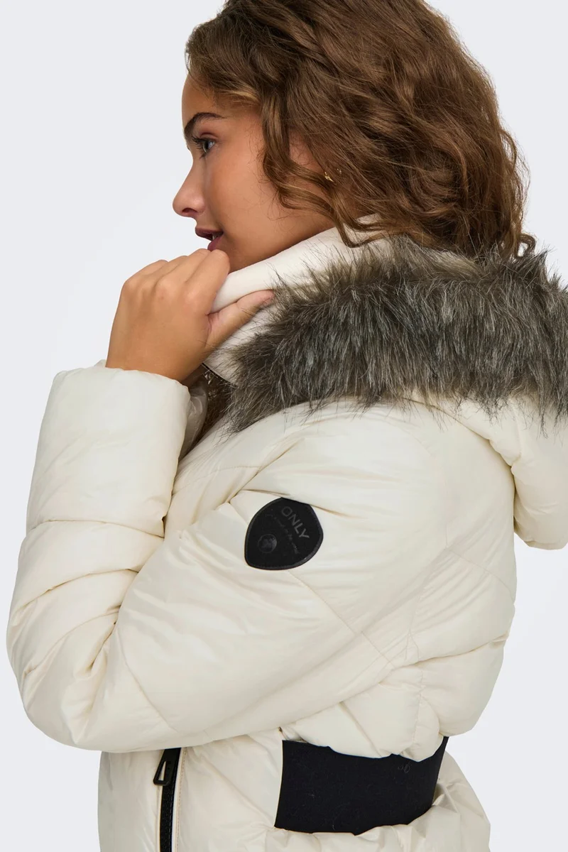 ONLY Women's Onlfever Hooded Fur Puffer Coat 15322003 Ecru