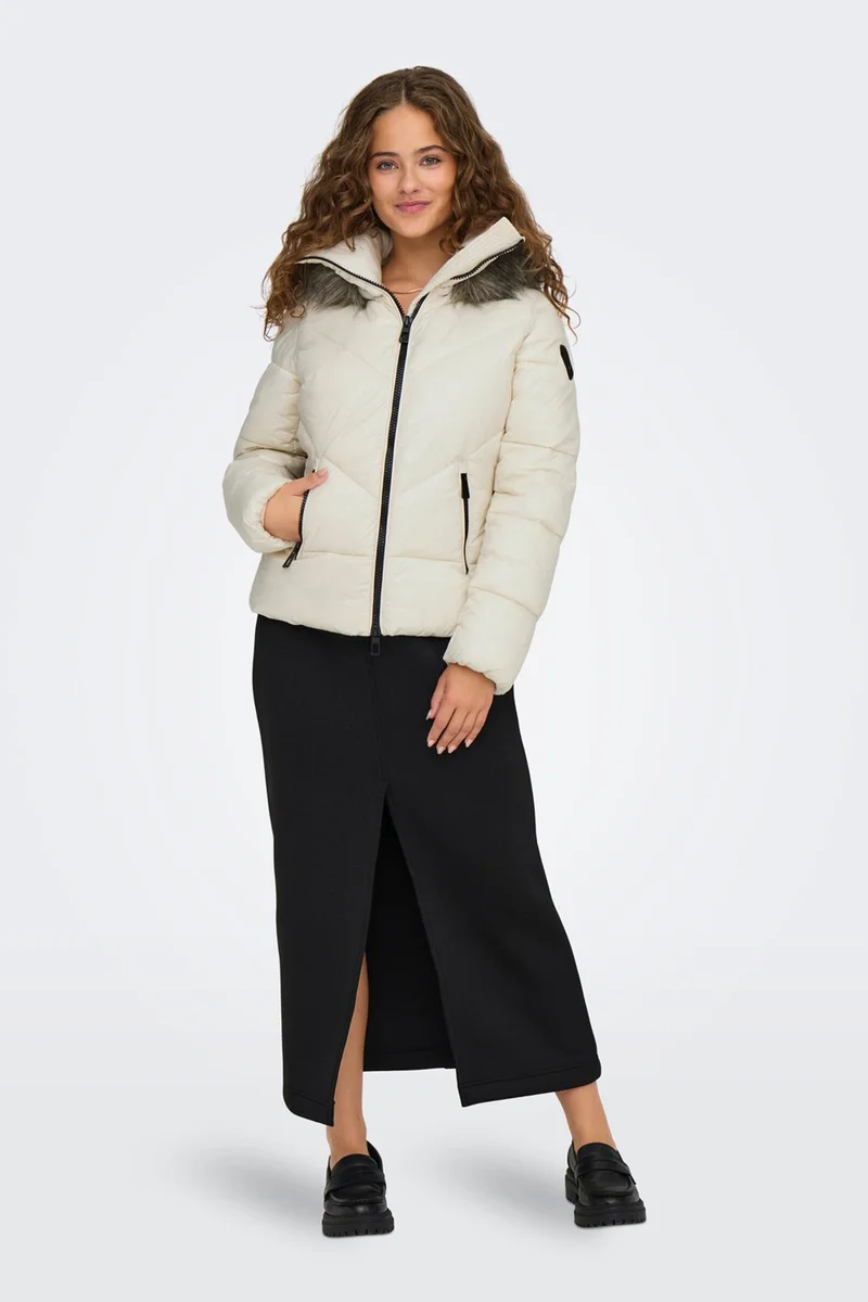 ONLY Women's Onlfever Hooded Fur Puffer Coat 15322003 Ecru