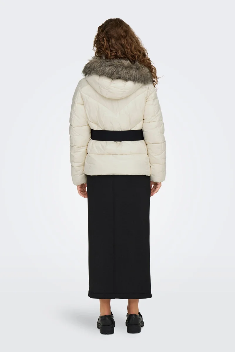 ONLY Women's Onlfever Hooded Fur Puffer Coat 15322003 Ecru