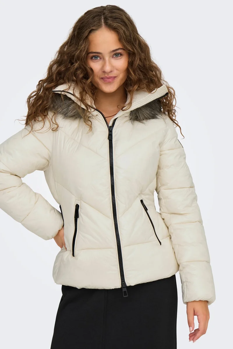 ONLY Women's Onlfever Hooded Fur Puffer Coat 15322003 Ecru