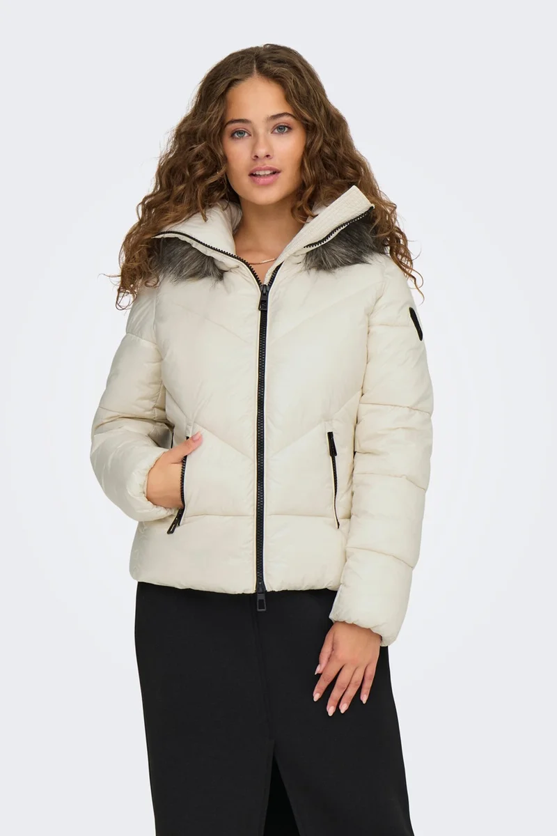 ONLY Women's Onlfever Hooded Fur Puffer Coat 15322003 Ecru