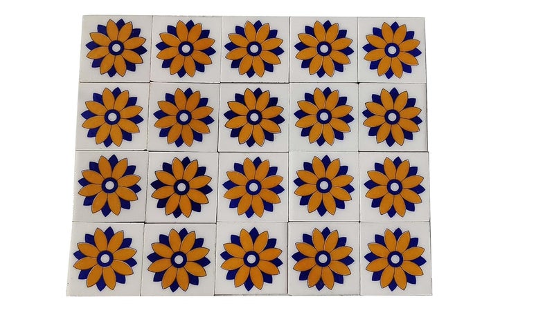 Shiv Kripa Blue Art Pottery Classic Decorative Interior Exterior Flooring Wall Ceramic 2 x 2 inch Tiles Pack of 20 Tiles BlueYellow Multi