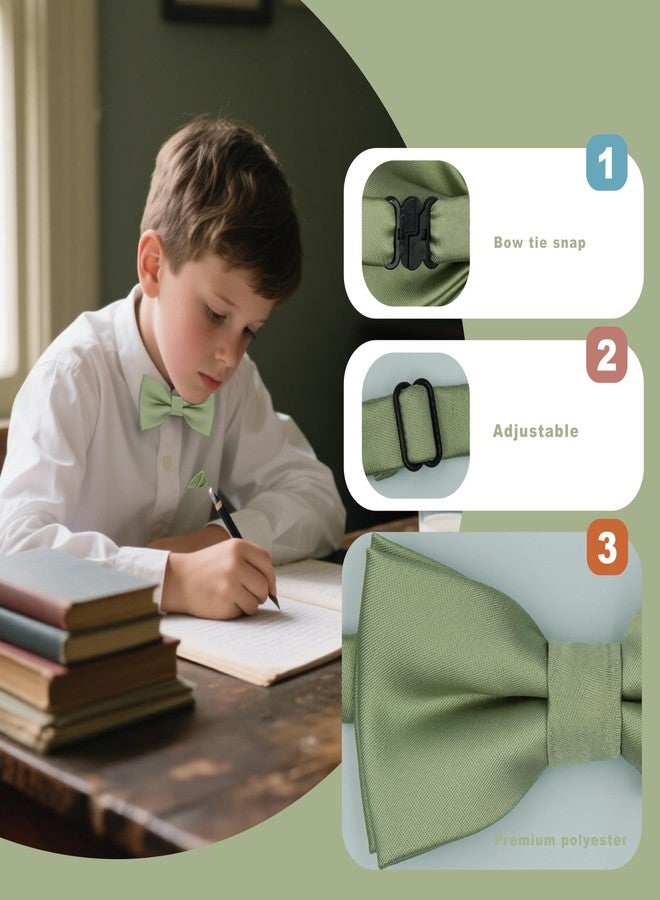 BEWDIO Sage Green Baby Bow Tie, Pre Tied Solid Bow Ties for Boys Toddler Kids Bowties with Pocket Square Set (73-09) - Image 3
