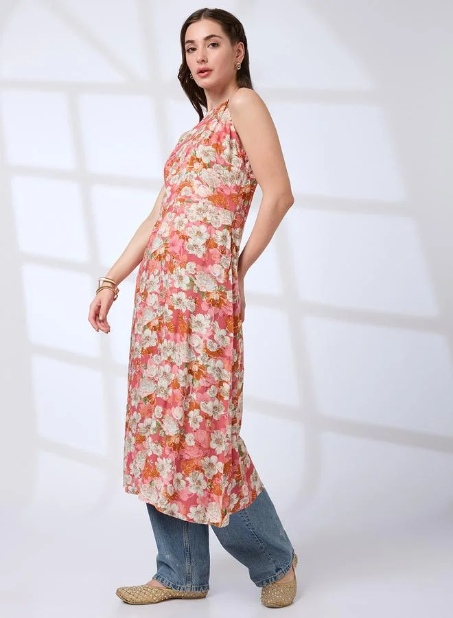 جلو باص كورتا فيوجن بحافة واسعة بطبعة زهور وياقة مربوطة