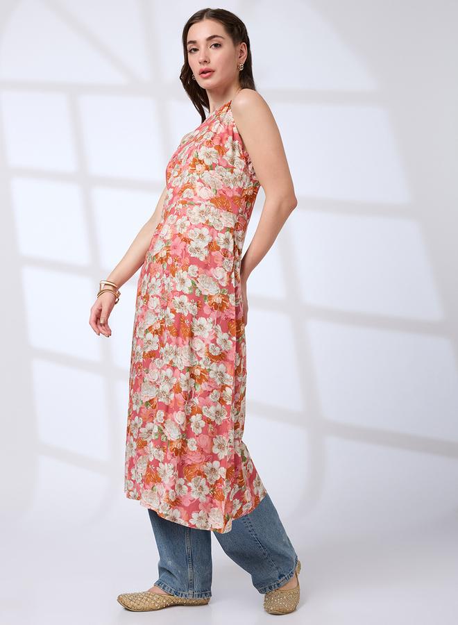 globus Halter Neck Floral Print A-Line Fusion Kurta - Image 2