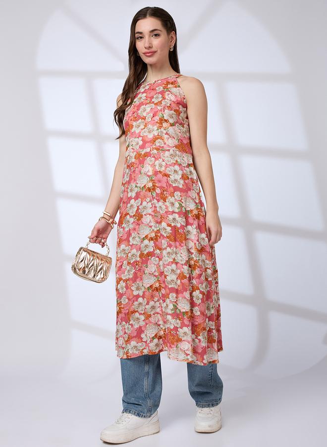 globus Halter Neck Floral Print A-Line Fusion Kurta - Image 1